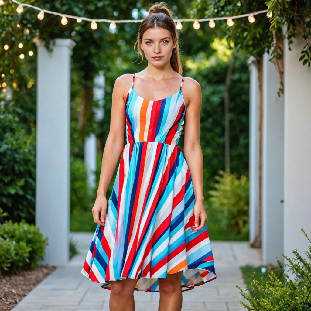 Woman in Sleeveless Striped Summer Dress at Garden Party