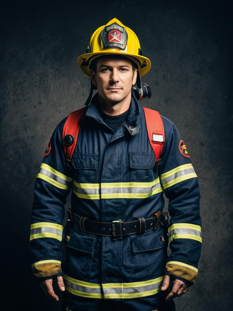 Man in Firefighter Costume Studio Cosplay Photo with Sharp Textures Man in Firefighter Costume Studio Cosplay Photo with Sharp Textures