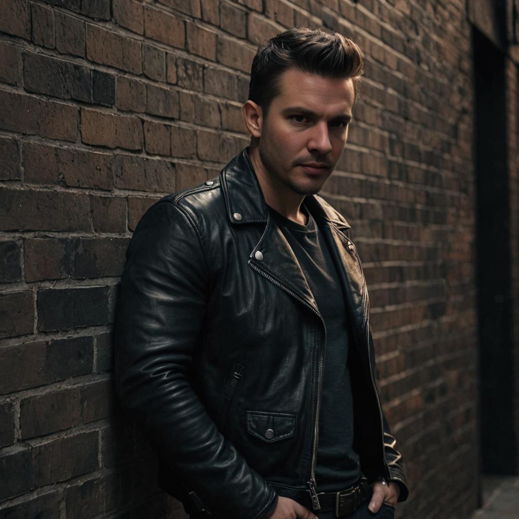 Stylish man in black leather jacket against brick wall