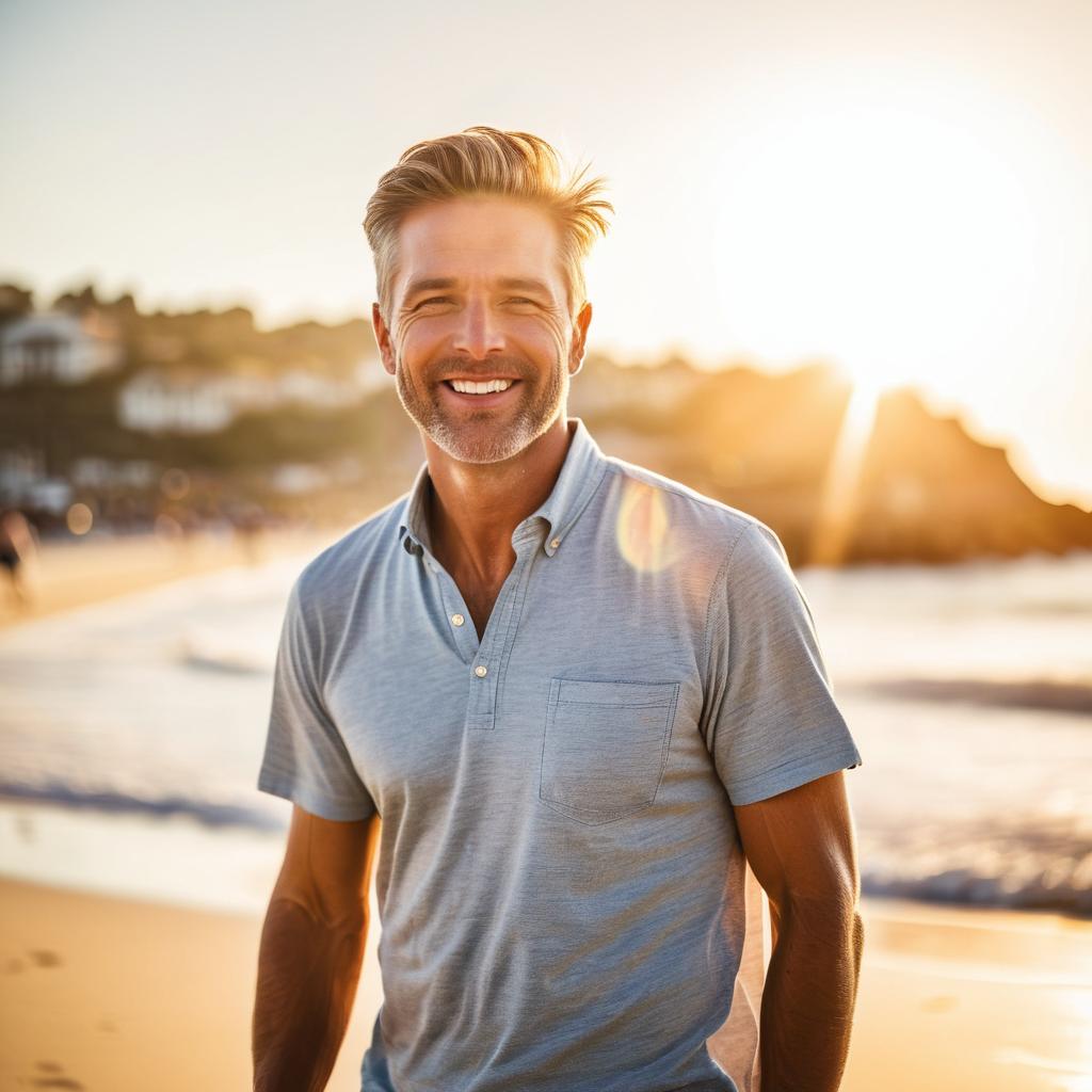 Cheerful man on sunlit beach at golden hour Cheerful man on sunlit beach at golden hour