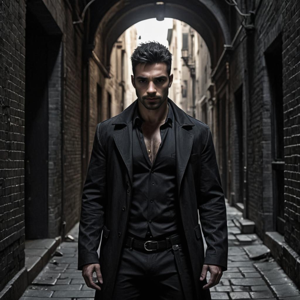 Stylish man in black coat in alley