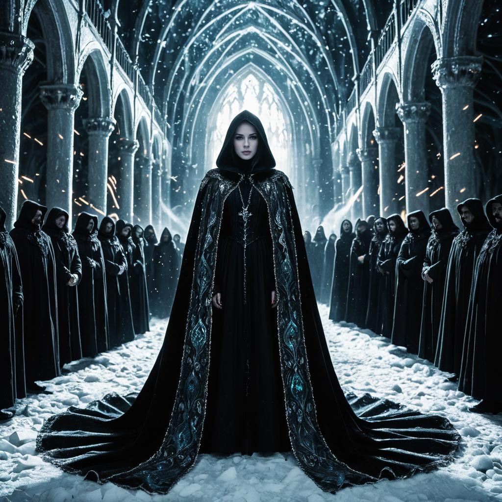 Gothic Fantasy Woman in Ornate Cloak Surrounded by Hooded Figures in Cathedral