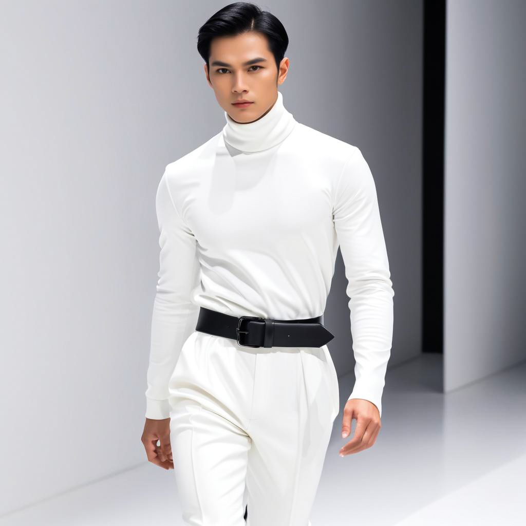 Male Model on Runway in Modern Fashion Ensemble