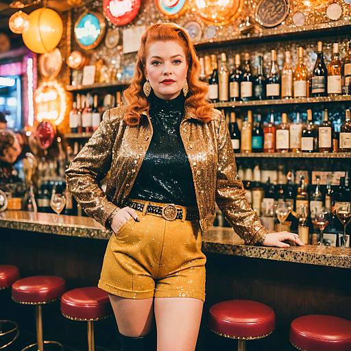 Confident Woman in Retro Golden Outfit at Vintage Bar Lounge