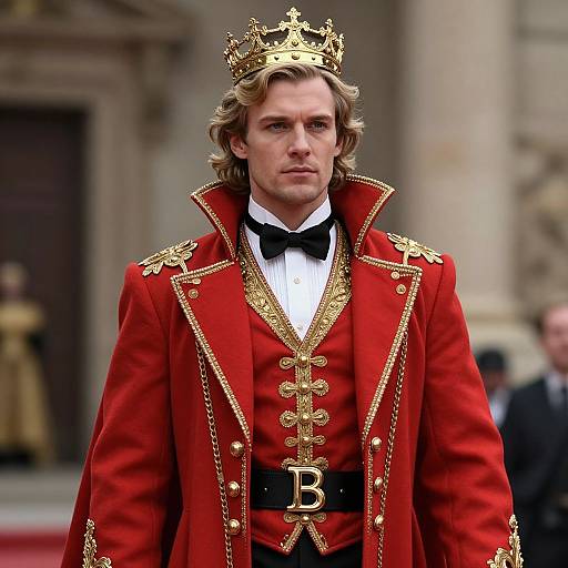 Regal Man Wearing Red and Gold Royal Outfit with Crown
