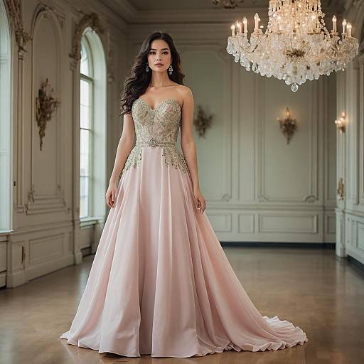 Elegant Woman in Blush Pink Embroidered Gown in Classic Ballroom