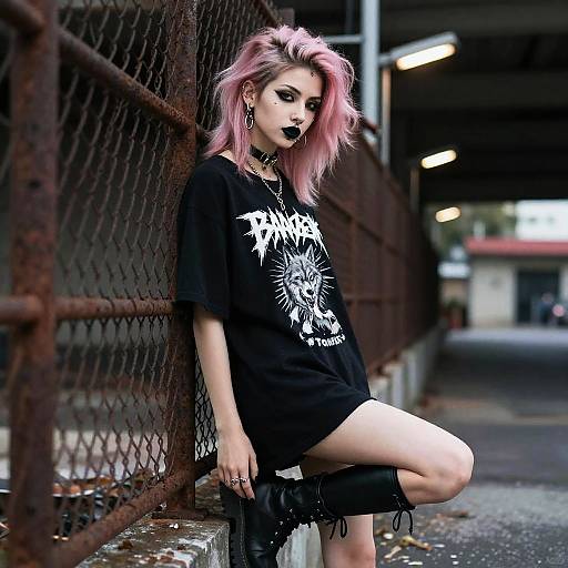 Grunge Style Woman with Pink Hair Wearing Black Band T-shirt and Boots Outdoors