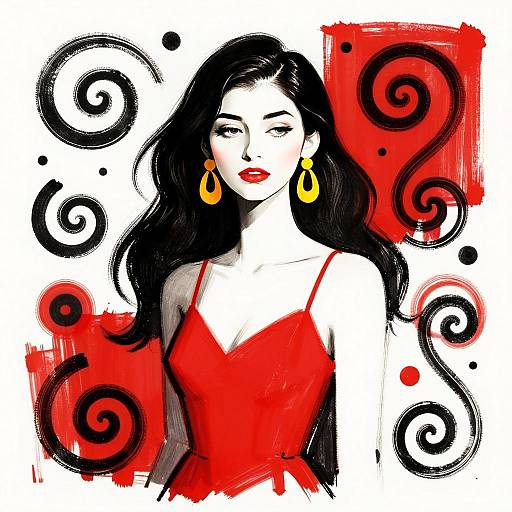 Fashion Illustration of Woman in Red Dress with Abstract Spirals
