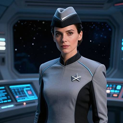 Futuristic Space Uniform Woman on Spaceship Bridge