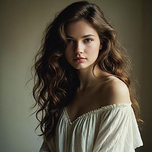 Realistic Portrait of Young Woman with Wavy Hair in White Off-Shoulder Blouse