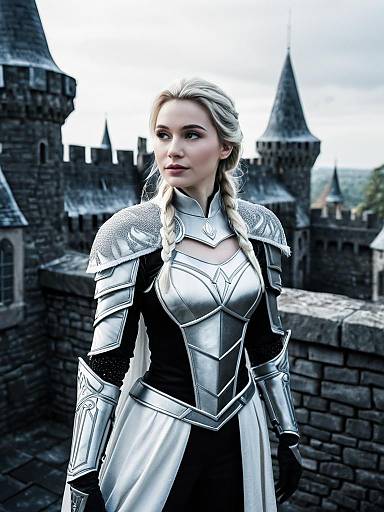 Woman in Silver Medieval Armor on Castle Parapet