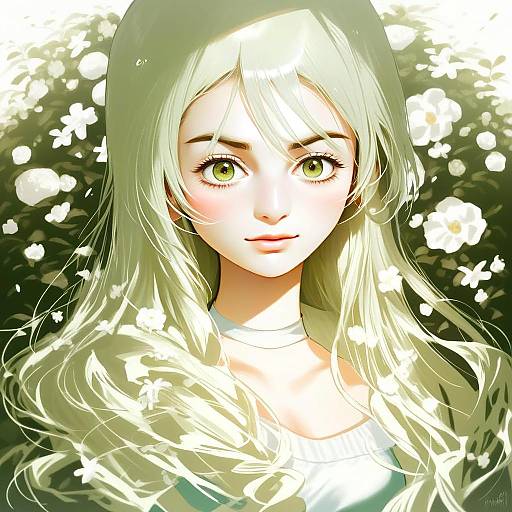 Anzai Romi Anime Style Portrait with Green Hair and White Flowers