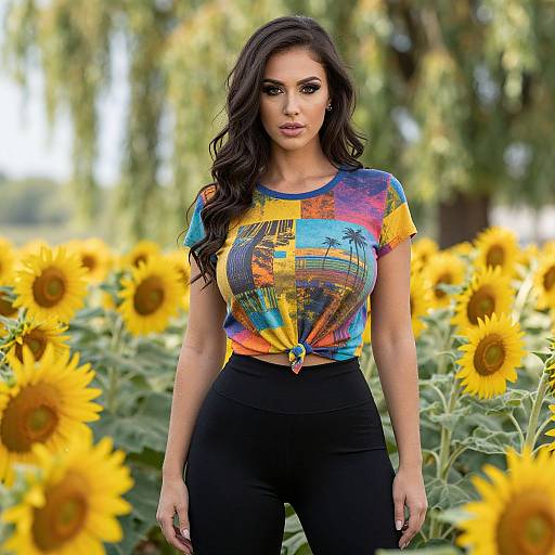 Woman in Colorful Crop Top Standing in Sunflower Field