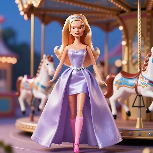 Lavender Fashion Doll in Elegant Gown with Carousel Background