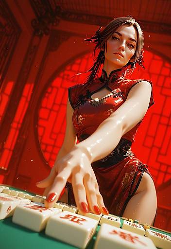 Woman in Red Qipao Playing Mahjong with Vibrant Chinese Decor