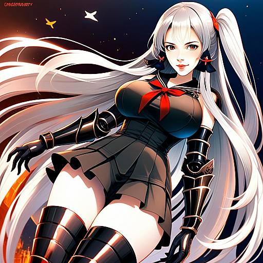 Anime Woman in Black Futuristic Armor with Long White Hair