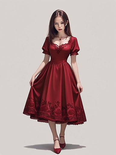 Woman in Modern Romantic Red Lace Dress Full Body Shot Realistic