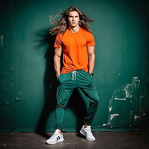 Young man in orange t-shirt against green wall
