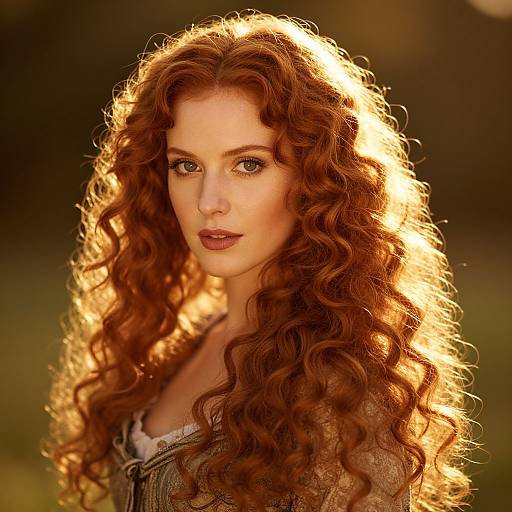 Portrait of Woman with Voluminous Red Curly Hair in Golden Light