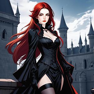 Woman in Black Corset Dress at Gothic Castle