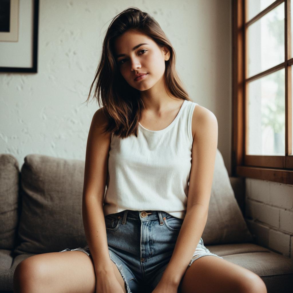 Young Woman Relaxing on Sofa by Window