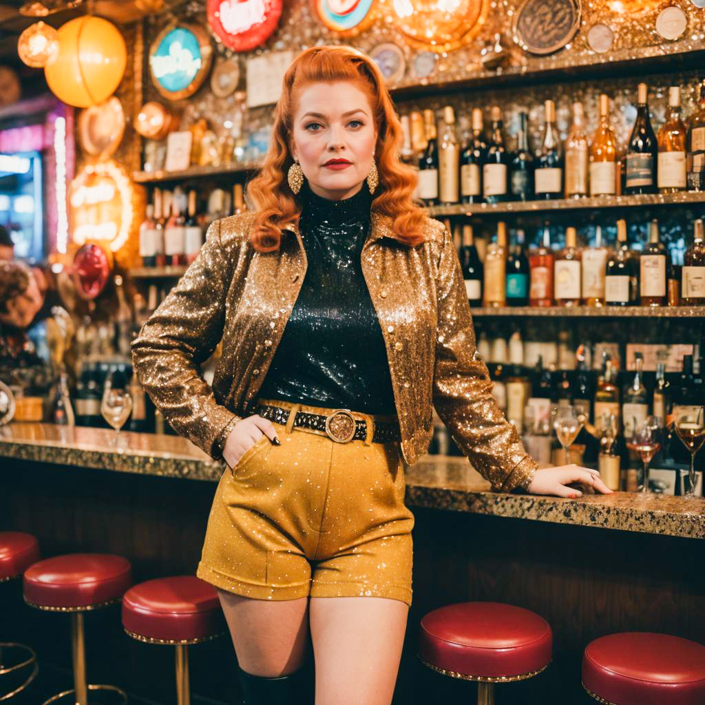 Confident Woman in Retro Golden Outfit at Vintage Bar Lounge