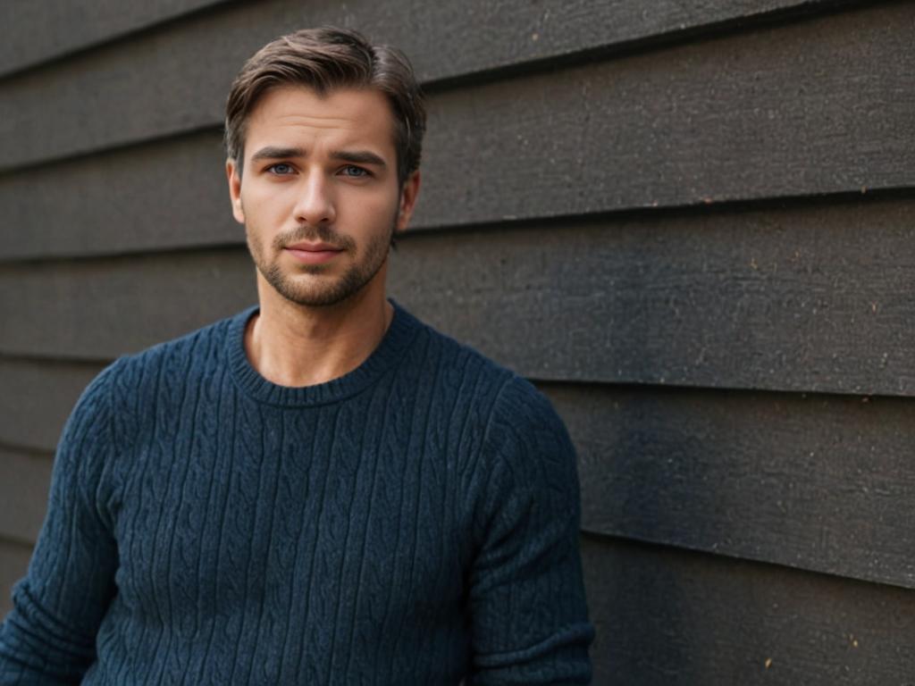 Man in Dark Blue Sweater Against Textured Wall