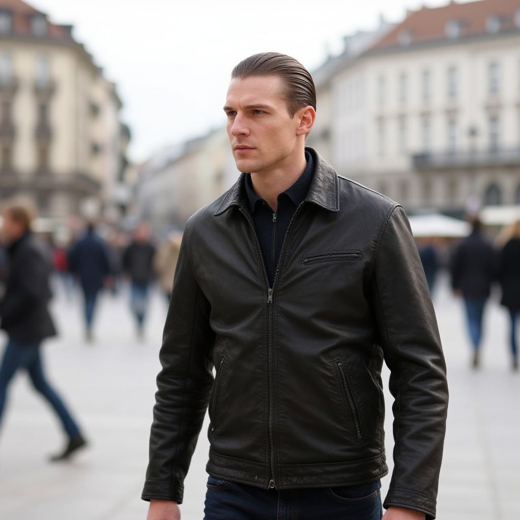 Young Man in Black Leather Jacket Walking in Urban Street