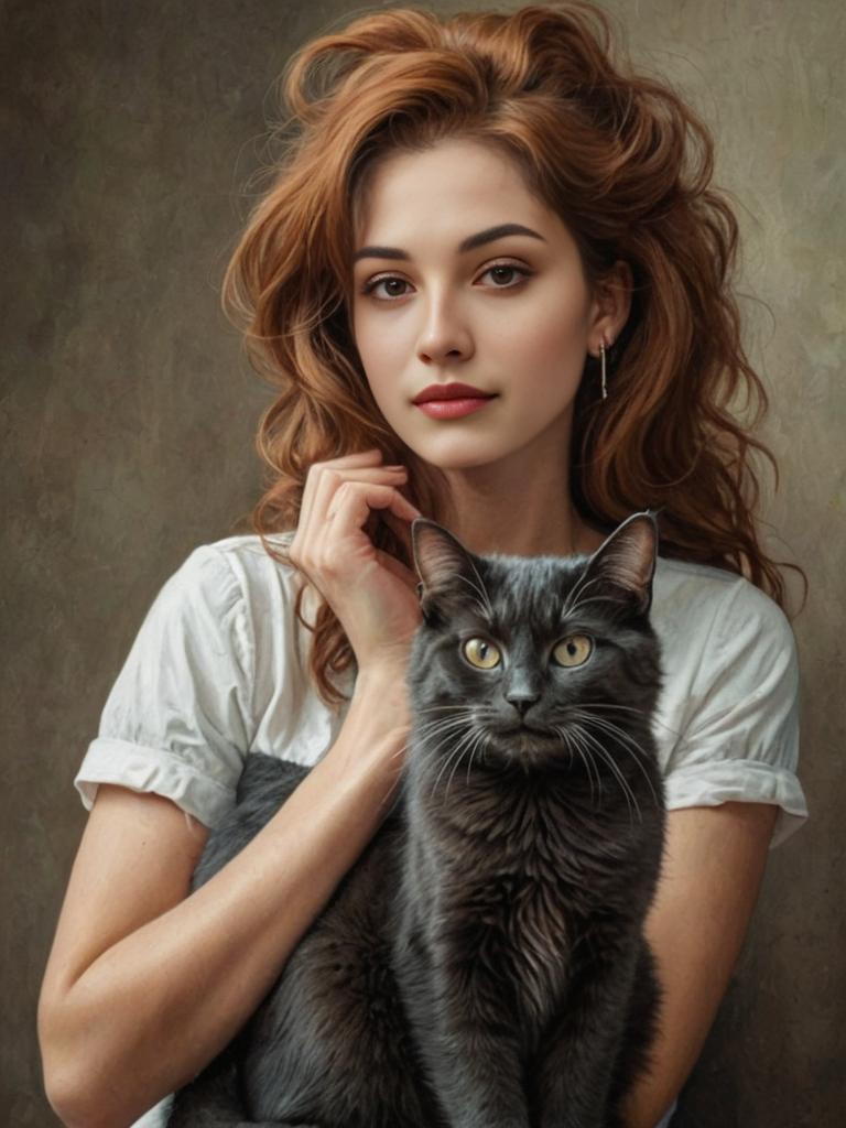 Elegant Portrait of Young Woman with Grey Cat