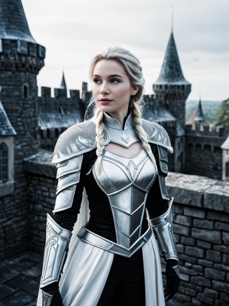 Woman in Silver Medieval Armor on Castle Parapet