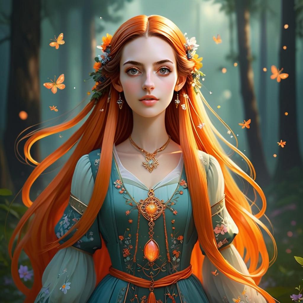 Young Woman in Teal Dress in Mystical Forest