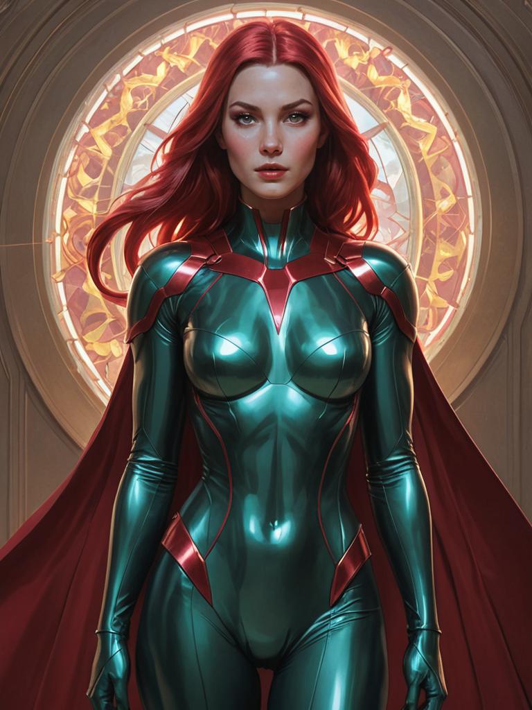 Female Superhero in Green and Red Suit