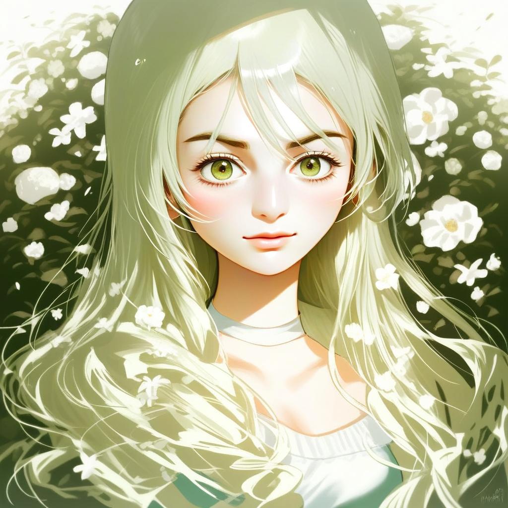 Anzai Romi Anime Style Portrait with Green Hair and White Flowers