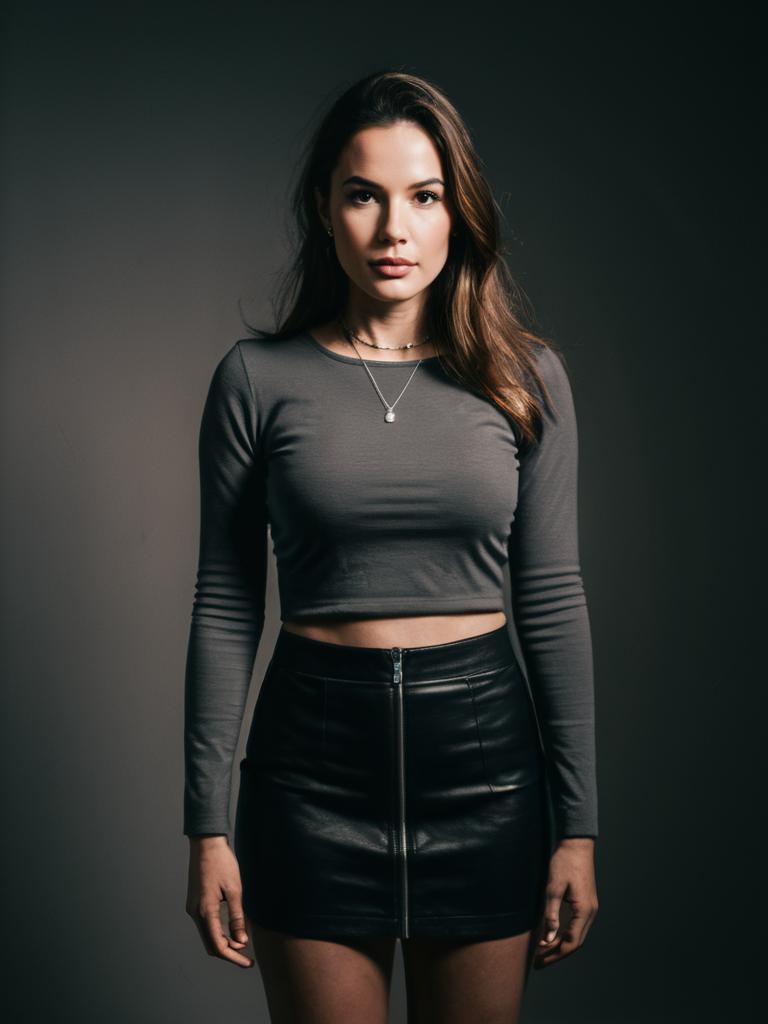 Contemporary Chic Woman in Black Long Sleeve Fitted Crop Top and Leather Mini Skirt