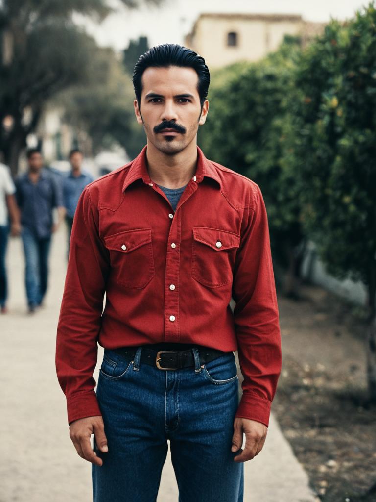 Man Wearing Casablanca Style Red Shirt and Blue Jeans Outdoors