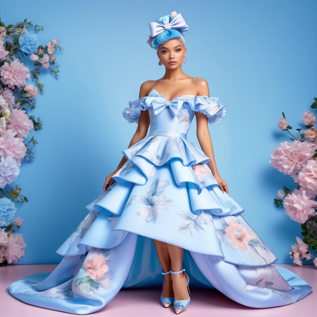 Elegant Woman in Light Blue Floral Gown