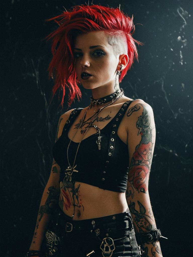 Punk Rock Woman with Red Hair and Tattoos in Edgy Fashion