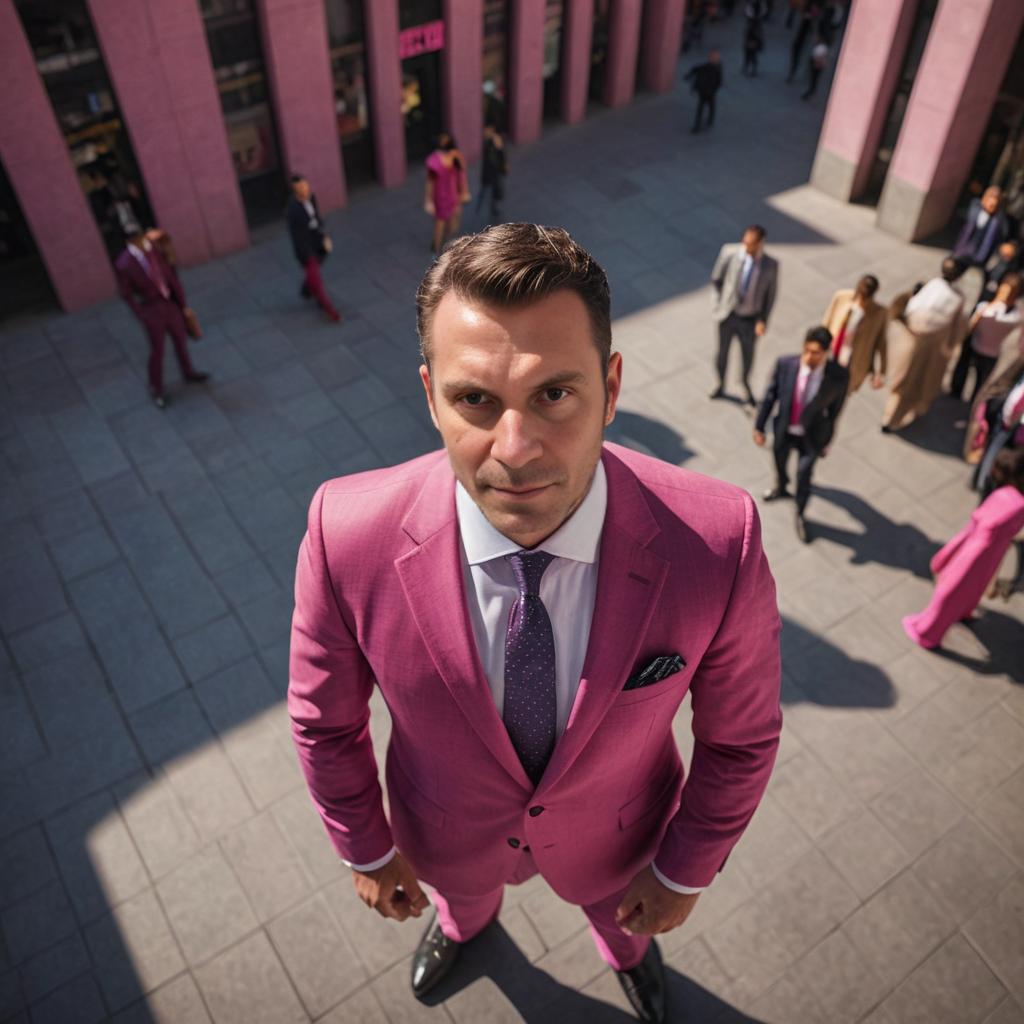 Man in dark pink suit in urban setting