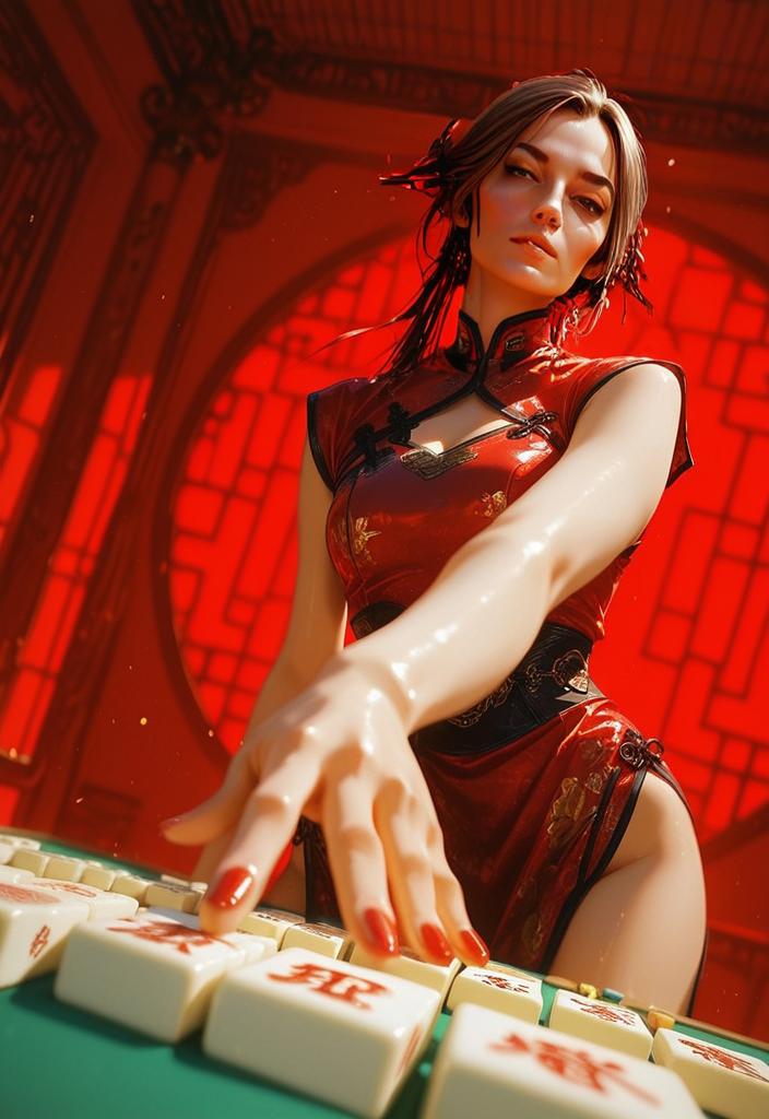 Woman in Red Qipao Playing Mahjong with Vibrant Chinese Decor