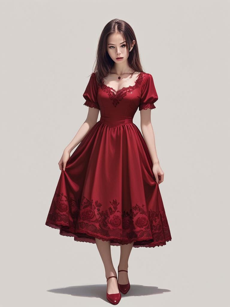 Woman in Modern Romantic Red Lace Dress Full Body Shot Realistic