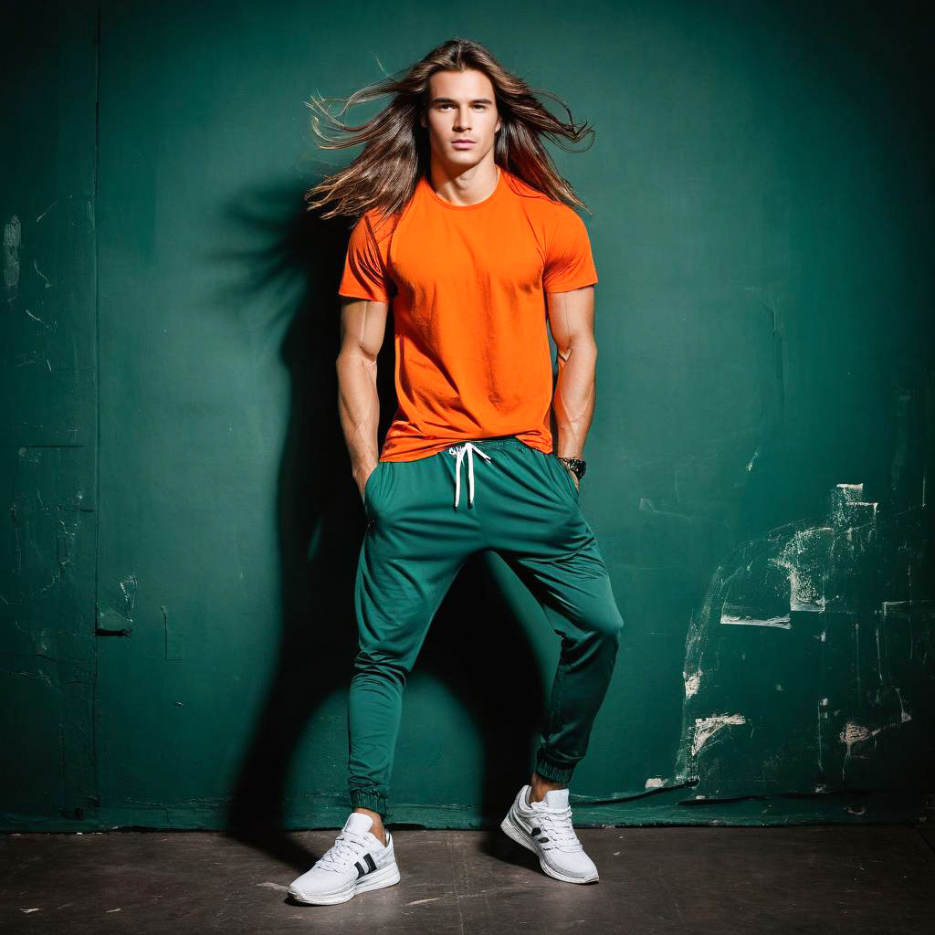 Young man in orange t-shirt against green wall