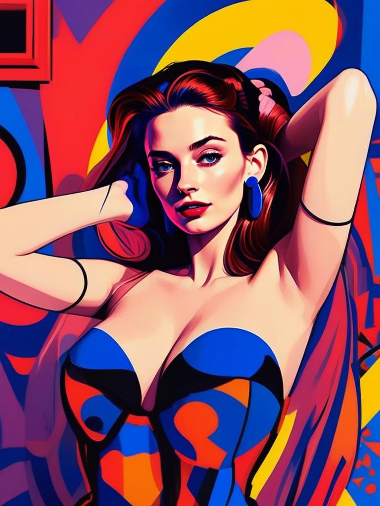 Confident Woman with Blue Eyes and Red Hair in Colorful Top Confident Woman with Blue Eyes and Red Hair in Colorful Top