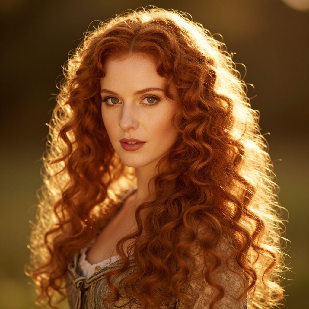 Portrait of Woman with Voluminous Red Curly Hair in Golden Light
