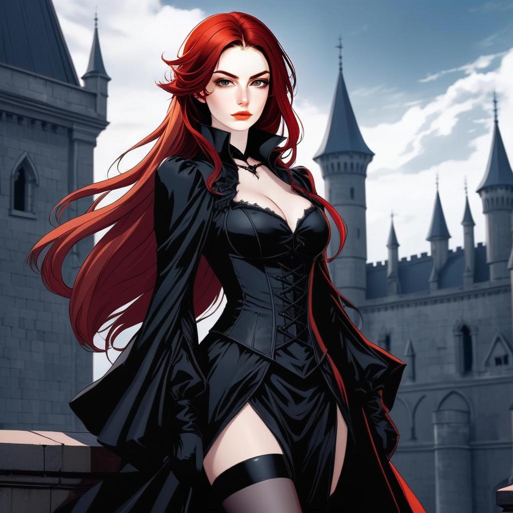 Woman in Black Corset Dress at Gothic Castle Woman in Black Corset Dress at Gothic Castle