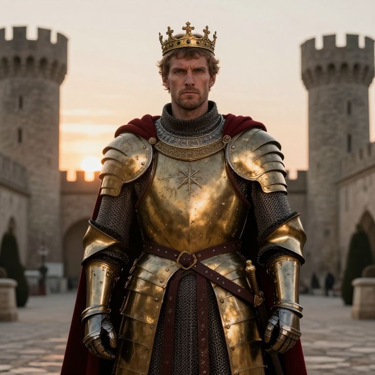 Medieval King in Golden Armor Wearing Crown by Castle at Sunset