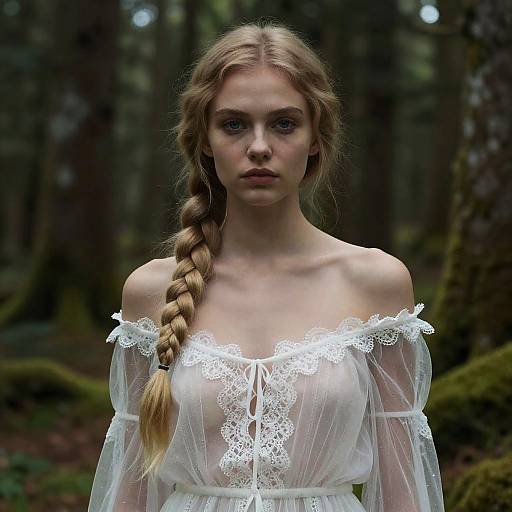 Young Woman in Sheer White Lace Dress with Braided Hair in Forest