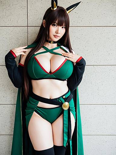 Mukai Takumi Anime-Inspired Green Cosplay with Horns and Cape