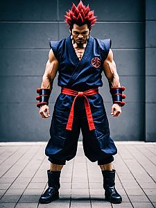 Realistic Man in Akuma Cosplay Costume with Red Spiky Hair