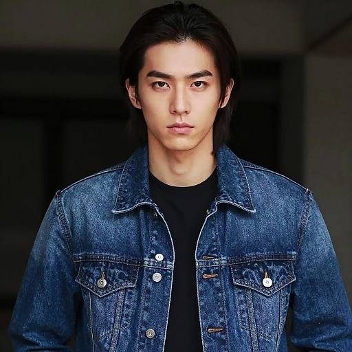 Young Man Wearing Blue Denim Jacket in Modern Casual Style