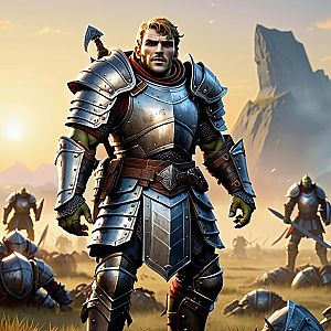 Warrior in Medieval Armor on Battlefield at Sunset